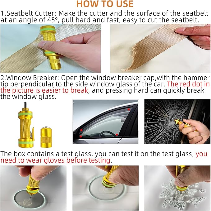 Allelic Car Window Breaker Tool, Window Breaker Seatbelt Cutter, Window Breaker, Glass Breaker, Spring Loaded Window Breaker for Land & Underwater (Gold)