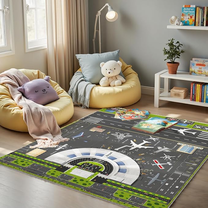 Kids Airport Runway Rug, Faux Wool Airplane Map, Non-Slip, 5 x 7 ft | Runway and airplane design; Aviation-themed play; Soft faux wool surface; Non-slip backing; Easy-care finish