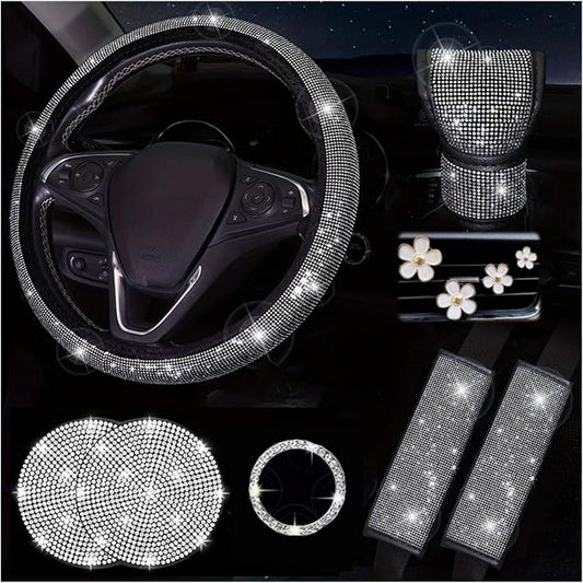 11 pcs Bling Car Accessories Set for Women, Steering Wheel Cover, Sparkly Seat Belt Covers, Daisy Vent Clips, Bling Shift Cover, Universal Fit Most Cars (White Diamond)