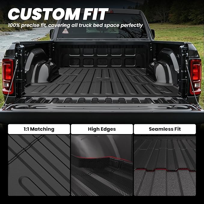 LASFIT 8FT Truck Bed Mat for RAM 1500/2500/3500 2006-2018 | Long Bed (8FT / 98.3inches), Not for 6.4FT/5.7FT, All Weather Custom Fit Truck Cargo Bed Liner, Black