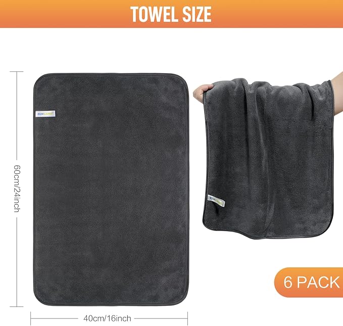 SINLAND Microfiber Car Drying Towels Detailing 16 x 24inch 6 Pack Grey | Ultra Absorbent, Soft, Car Wash Cleaning Cloth, Auto Detailing Towels, 380gsm