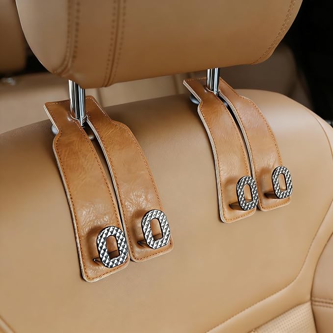 Car Headrest Hooks Universal Car Purse Hook Premium Leather and Alloy Twin Hook Car Seat Back Storage Hanger Hook for Purse Bags Cloth Drink Durable Holder Car Accessories (BH09-Brown-Black)