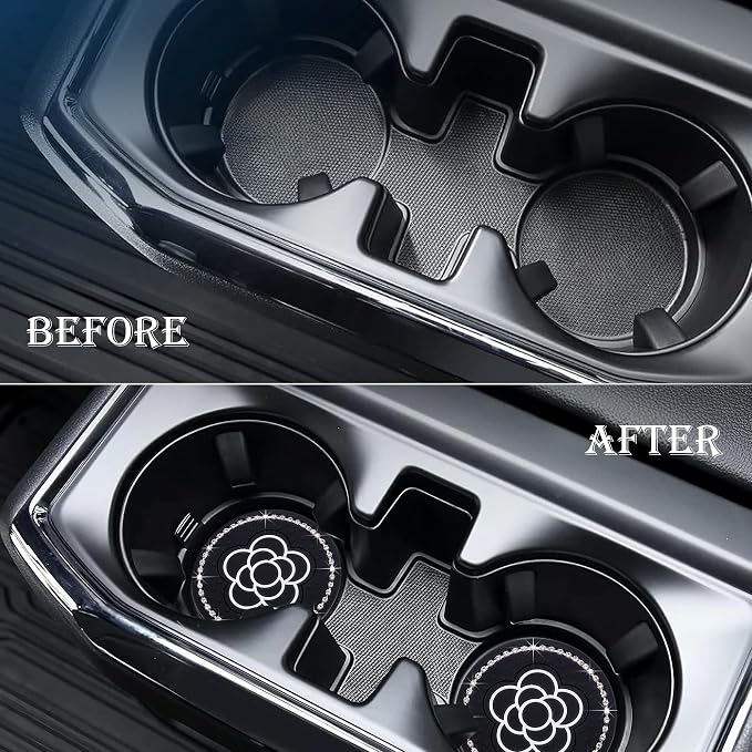 Bling Cup Coaster for Car – 2-Pack 2.75 Inch Silicone Holder Insert, Universal Fit, Anti-Slip & Durable, Decorative Car Accessories (Black Flower)