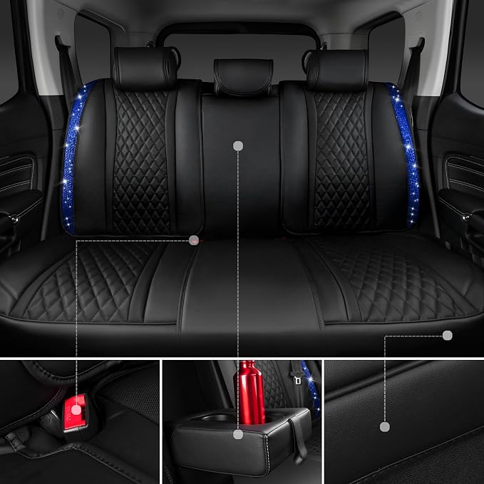 CAR PASS Nappa Leather seat Covers Bling Diamond Car Seat Covers Full Set Universal Cushioned, Waterproof Heavy-Duty Anti-Slip Luxury, Fit for SUV Sedan,Sparkly Glitter Women Crystal Blue Rhinestone