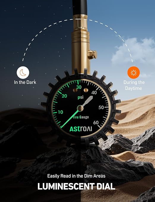 AstroAI Tire Pressure Gauge for Cars with Large 2" Dial, Solid Brass with Rubber Hose, Air Bleeder Valve, ANSI B40.1, 0-60PSI