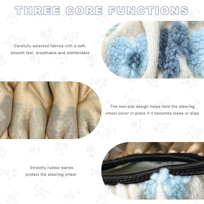 Plush Flowers Steering Wheel Cover, 15 inch Anti-Slip Breathable Steering Wheel Protector Cute Floral Decor, Elastic Soft Wheel Cover Universal Fit for Most Vehicles (Light Blue)