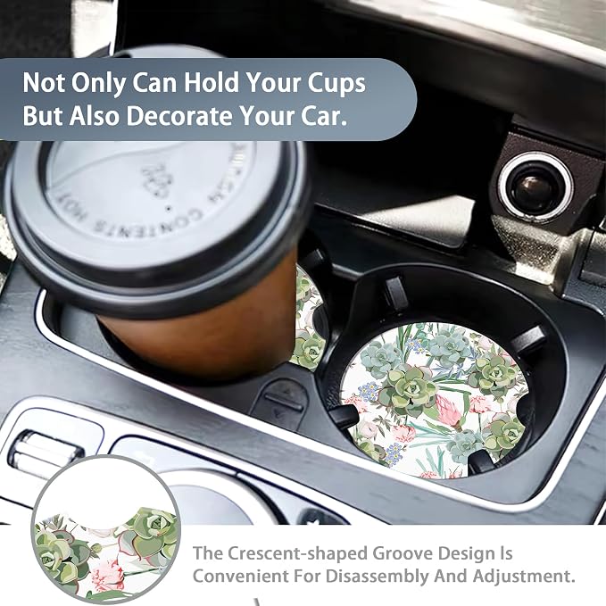 Succulent Cactus Coasters Car Cup Holders,2 Pack Green Plants Flower Cute Anti Slip Ceramic Car Cup Holder Accessories for Women Men 2.56"