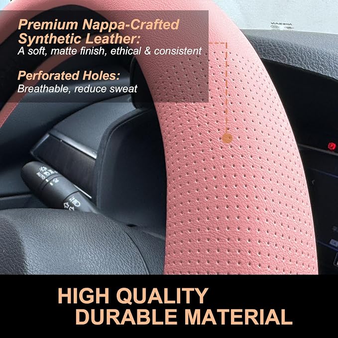 PINCTROT D Shaped Nappa Leather Steering Wheel Cover, Slim Fit No Bulk Design, One Piece Leather with Breathable Perforation, Fit Like Gloves, Flat Bottom 14.5-15 Inch(Nappa Pink)
