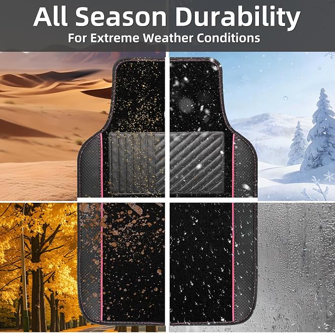 NBTEPEM Microfiber Steering Wheel Cover and Waterproof Car Floor Mats, Universal Fit Most Truck, SUV, Cars, 14.5-15inch Sporty Steering Wheel Covers with Anti-Slip Lining (Black with Pink line)