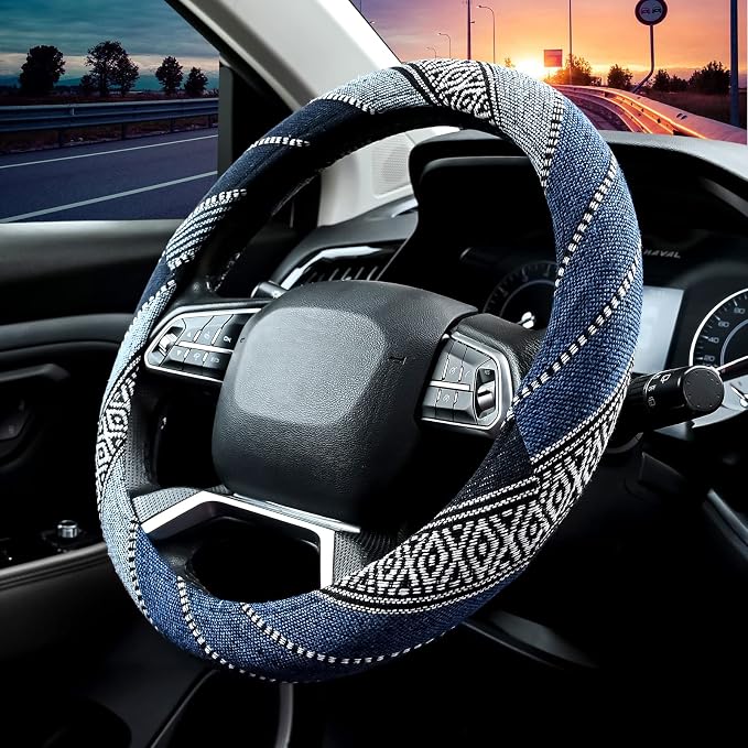 Valleycomfy Boho Steering Wheel Covers for Women Cloth Bohemian Universal | 15 inch Baja Blanket Enthic Blue