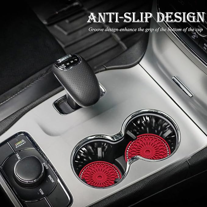 2PCS Bling Car Cup Holder Coasters, 2.75 Inch Silicone Anti-Slip Insert, Bling Shockproof Cup Mat for Women Girls, Universal Fit for Most Vehicles (Red & White)