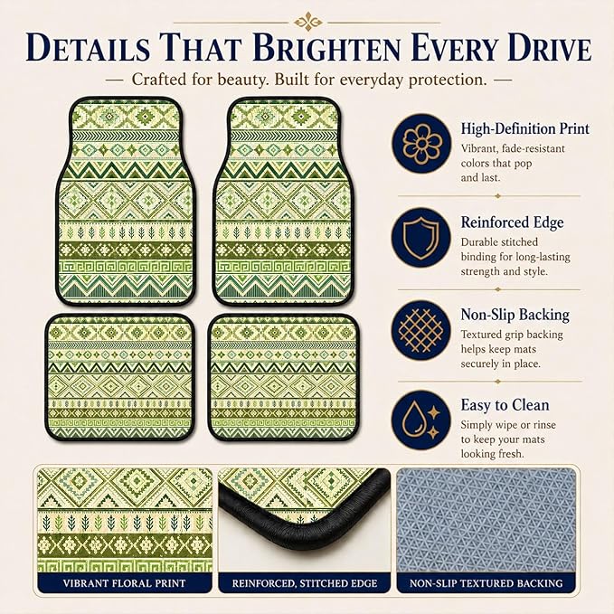 Green Aztec Car Floor Mats Set of 4 Boho Tribal Geometric Pattern Car Accessories Foot Mats Rugs, Non-Slip,Decor for Universal Fit for Suvs Sedans Trucks Cars Auto Floor Carpets Rugs All-Weather