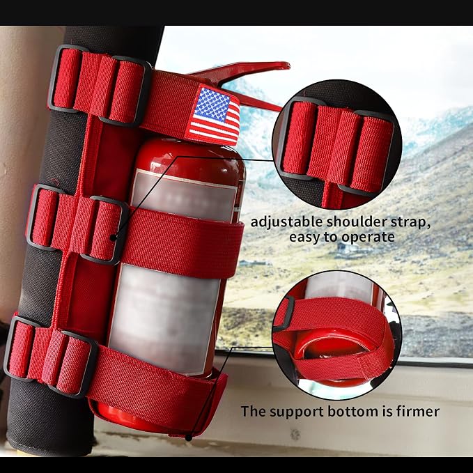 Voodonala Adjustable Roll Bar Fire Extinguisher Mount Holder 3 lb for Jeep Wrangler Unlimited CJ YJ LJ TJ JK JKU JL JLU 4XE,Red with USA Flag Pattern