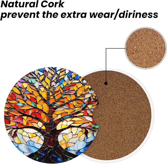 Tree of Life Art Car Cup Holder Coasters 2 Pack 2.63" for Women | Glass Universal Anti Slip Ceramic Absorbent Coaster with Cork Base and Finger Notch Cute Car Accessories Interior