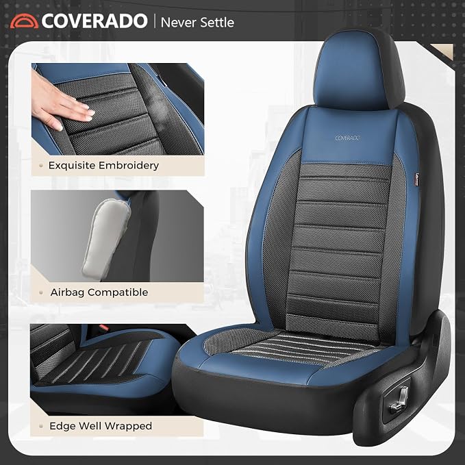 Coverado Car Seat Covers Front Seats, Luxury Leather Car Seat Covers, Automotive Mesh Seat Covers 2 Pack, Airbag-Compatible, Black Blue Seat Covers for SUV Sedan Truck