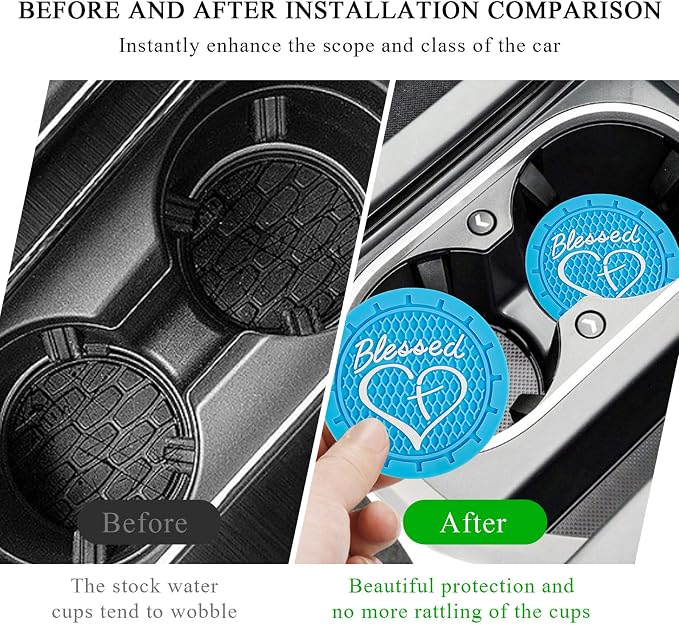 KVAEY 2 PCS Car Cup Holder Coasters, 2.76 Inch Anti Slip Vehicle Drink Mats with Cute Blessed Cross and Heart, Shockproof, Universal Car Accessories (Sky Blue, 2 PCS)