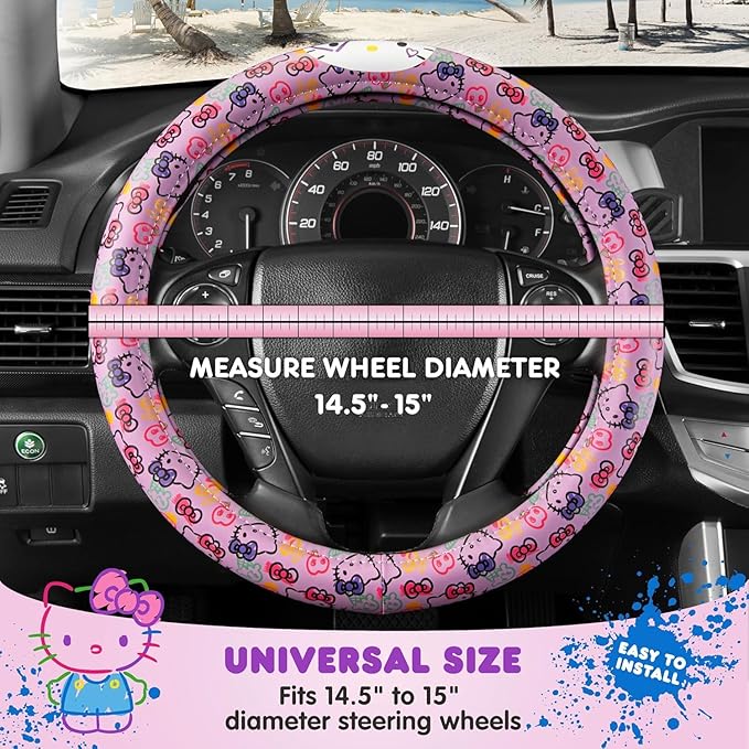 Sanrio Hello Kitty Lavender Doodle Car Steering Wheel Cover, Universal Fit Cute Accessories for Women Stylish Decor Gifts Hello Kitty Accessories - Fits Standard Wheels 14.5"-15"