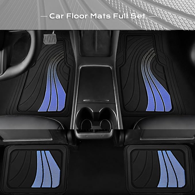 Road Comforts Car Floor Mats Full Set – Front & Rear Car Floor Mats with Aluminum Design, Anti-Slip Backing, All-Weather Protection, Trim-to-Fit Car Mats for Most Sedans, SUVs & Vans - - Blue