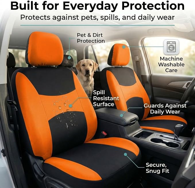 FH Group Universal Car Seat Covers Full Set for SUV Truck Sedan Vans | Waterproof All-Purpose Cloth Seat Cover Set Airbag Compatible Washable Split Bench Protector Interior Upgrade - Orange