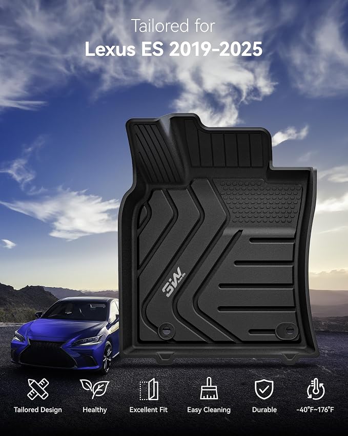 3W Floor Mats Fit Lexus ES (2019-2024 ES350/ES300h & 2025 ES300h/ES Hybrid), TPE All Weather Custom Fit Floor Liner for Lexus ES (Only Fit FWD) 1st and 2nd Row Car Mats, Black