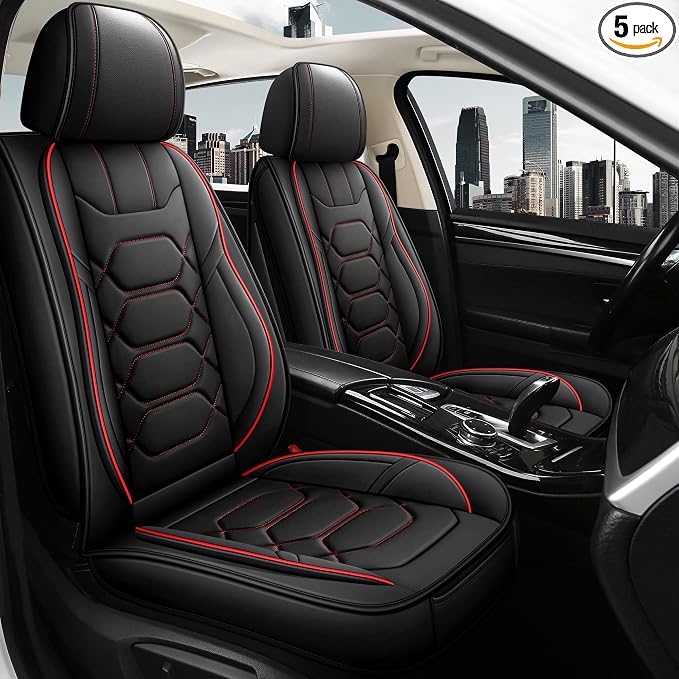 Pariitadin Leather Car Seat Covers Full Set, Waterproof Faux Leather Seat Covers for Cars, Non-Slip Car Interior Covers Universal Fit for Most Cars Sedans Trucks SUVs, Black/Red
