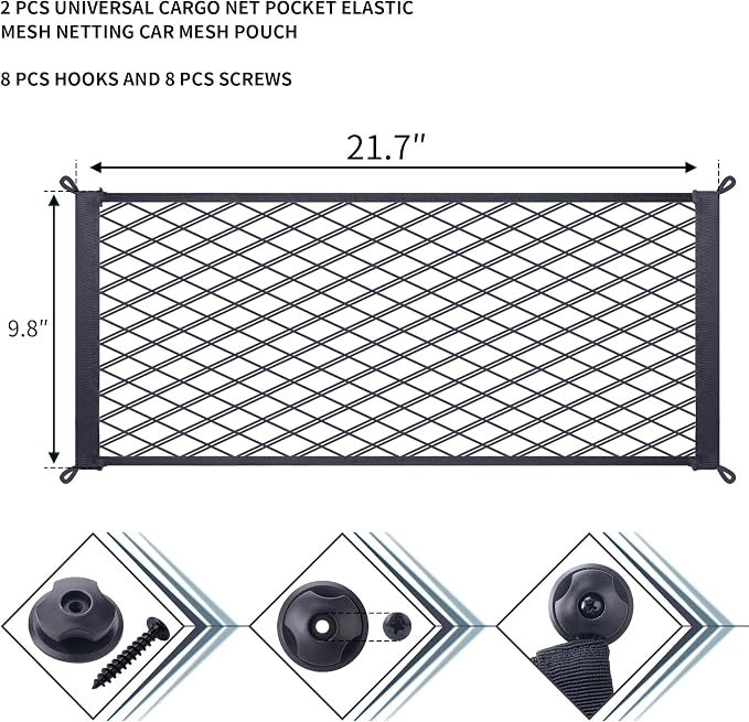 2 Pcs Universal Stretch Mesh Car Mesh Bag with Screws and Hooks for Trunk RV Boats Home Cargo Storage (21.7'' x 9.8'')