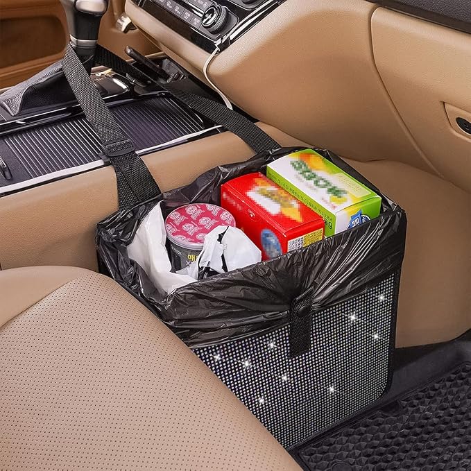 BELOMI Car Foldable Trash Can, Bling Rhinestone Crystal Auto Hanging Waterproof Leakproof Garbage Bin, Vehicle Waste Basket Dustbin, Multipurpose Car Organizer Accessories for SUV Truck RV (Red)
