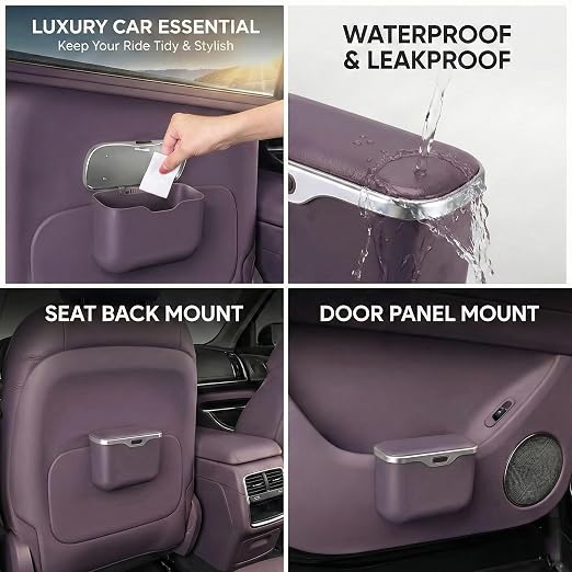 Hanging Car Trash Can, Leakproof Garbage Bin with Lid, Purple | ABS Construction, Clip-On Door/Back Seat Pocket Mount, Waterproof Liner, Push-Top Opening, For Suvs, Trucks, Sedans, Vans