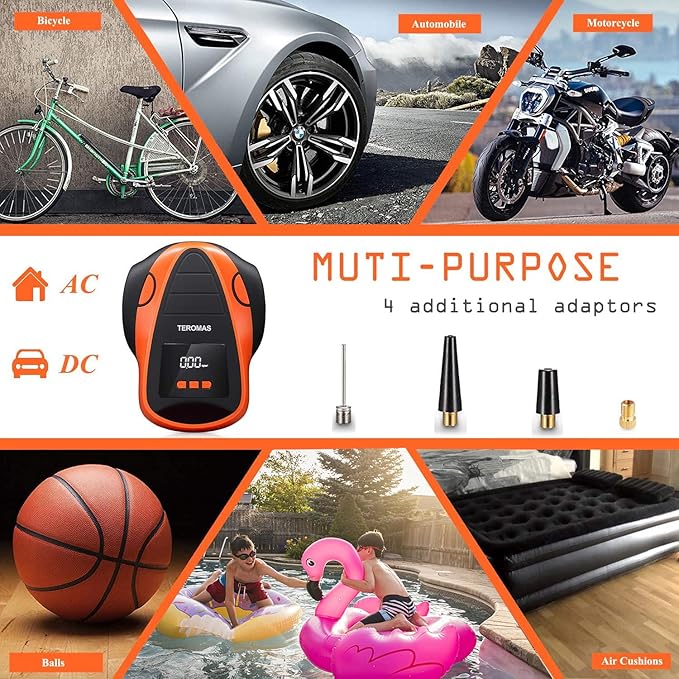 Tire Inflator Portable Air Compressor, Air Pump DC/AC for Car Tires 12V DC and Other Inflatables at Home 110V AC, Digital Electric Tire Pump with Pressure Gauge(Orange)