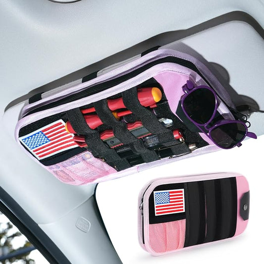 GNEGNI Tactical Car Sun Visor Organizer - Rigid MOLLE Panel Vehicle Storage Pouch with 3 Straps - Car Interior Document and Tool Holder for Truck, SUV, Jeep (13" x 7") (Pink)