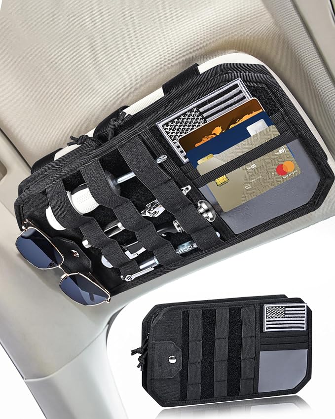 Heavy Duty Molle Car Sun Visor Organizer Tactical Pounch with Flag and Glasses Clip Store Your Daily Items for Most Cars, Trucks, SUVs, Compacts, 12.8"x6.9"x1.2"