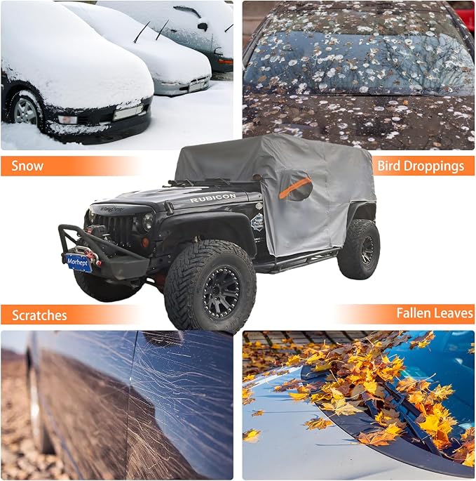 Waterproof Cab Cover for Jeep Wrangler JK JL 4 Door | Zipper access, windproof design, soft cotton lining, all-weather protection against rain, snow, UV rays and dust