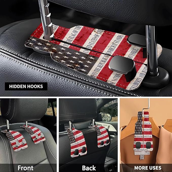 Car Seat Headrest Hook, Universal Leather Cute Hanger Holder Hook, Storage Organizer Interior Accessories for Purse Bags Handbag Retro American Flag