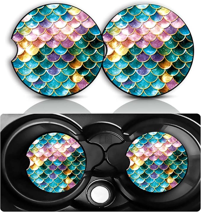 Mermaid Car Cup Holder Coasters Set of 2 – Fun Mermaid Car Accessories 2.75" Universal Size Anti Slip Rubber Mat Recessed Auto Insert Coasters Decor Mermaids Gifts for Women Men Dad Grandpa