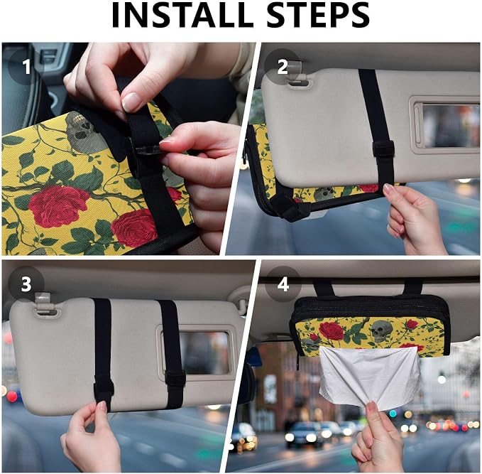 Car Tissue Holder Car Napkin Holder Tissue Box Dispenser Storage Case Sun Visor Mask Holder Accessories with Adjustable Straps Reusable Refillable Yellow Gothic Rose and Skull