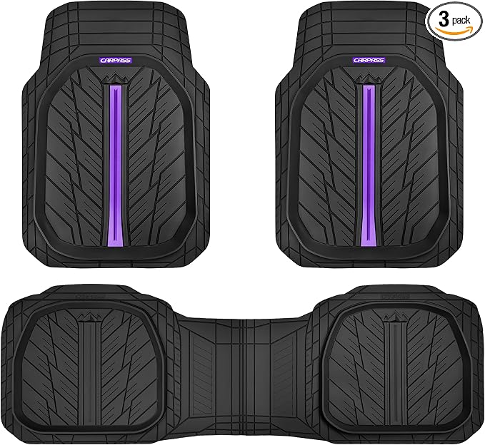 CAR PASS Tire Tread DeepDish Rubber Floor Mats for car Heavy Duty car mats All Weather, Universal XL~M Trim to Fit for Truck SUV Vehicle Automotive, Waterproof car mats 3 Piece (Purple Black)