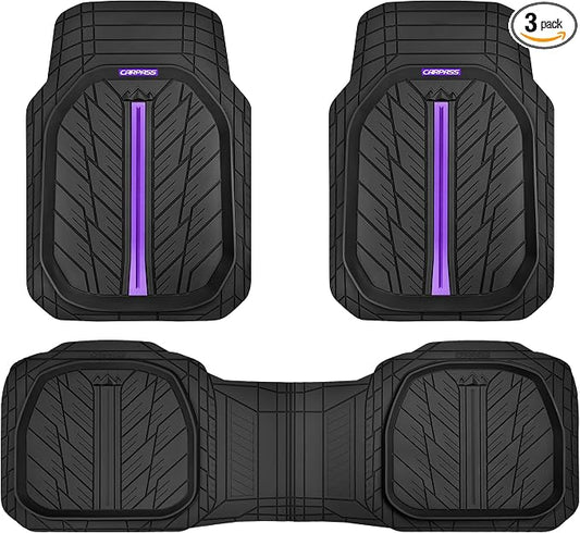 CAR PASS Tire Tread DeepDish Rubber Floor Mats for car Heavy Duty car mats All Weather, Universal XL~M Trim to Fit for Truck SUV Vehicle Automotive, Waterproof car mats 3 Piece (Purple Black)