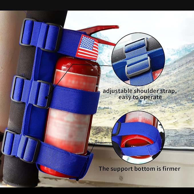 Voodonala Adjustable Roll Bar Fire Extinguisher Mount Holder 3 lb for Jeep Wrangler Unlimited CJ YJ LJ TJ JK JKU JL JLU 4XE,Blue with USA Flag Pattern