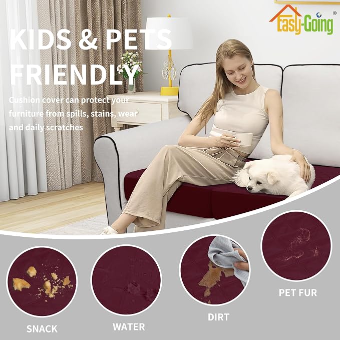 Easy-Going Waterproof Loveseat Cushion Covers, Non-Slip Leakproof Sofa Seat Cushion Slipcovers, Quilted and Stretch Furniture Protector for Dogs, Pets (2-Piece Loveseat Cushion, Wine)