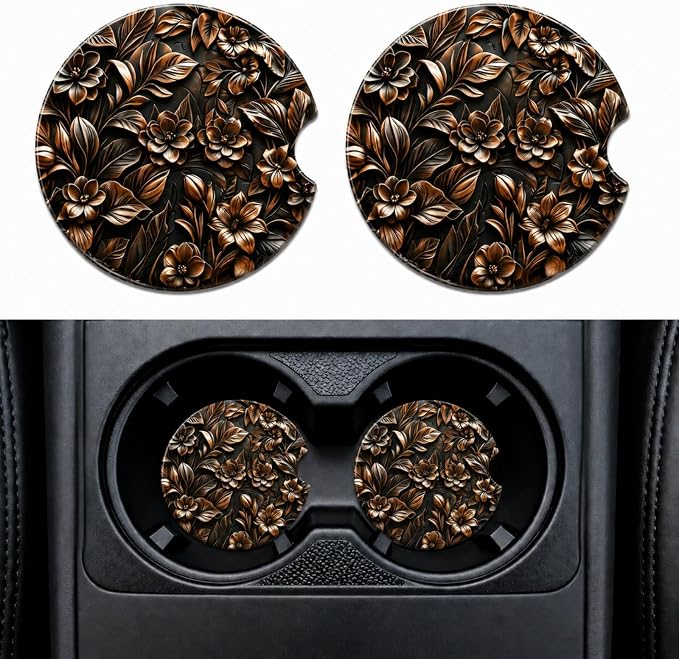 2Pack Car Cup Holder Coasters Absorbent Ceramic Coaster 2.56" for Women & Men Auto Accessories (Ceramic Classical Copper Color)