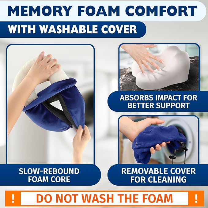 100% Memory Foam Neck Support Pillow with Adjustable Snap Buttons & Head Support – 4-in-1 Kit with 3D Eye Mask, Earplugs & Washable Cotton Cover – Neck Pillow for Plane Travel, Car, Train & Bus (Blue)