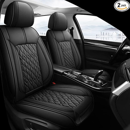 Pariitadin Leather Car Seat Covers Front Pair, Waterproof Breathable Faux Leather Automotive Seat Covers for Cars, Non-Slip Car Interior Covers Universal Fit Most Cars Sedans Trucks SUVs, Black