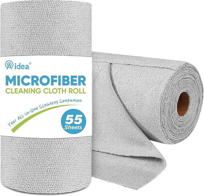 AIDEA Microfiber Cleaning Cloth Roll, Shop Towels 55 Sheets, Grey Microfiber Towels for Cars, Washable Shop Rags Reusable Paper Towel for Automotive, Workshop, House, Kitchen, Cleaning Supplies11×9"