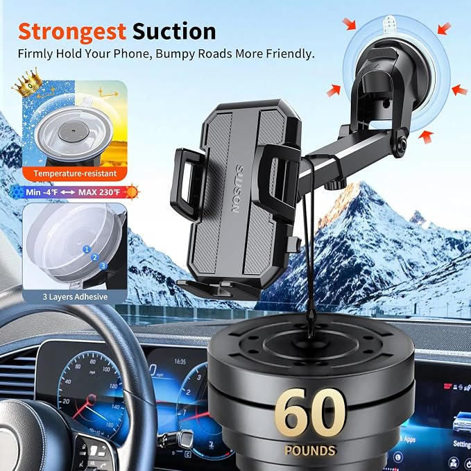 SUUSON Upgraded 3-in-1 Car Phone Holder Mount [Powerful Suction] Phone Mount for Car Dashboard Air Vent Windshield,for All iPhone Android Phone (Black)