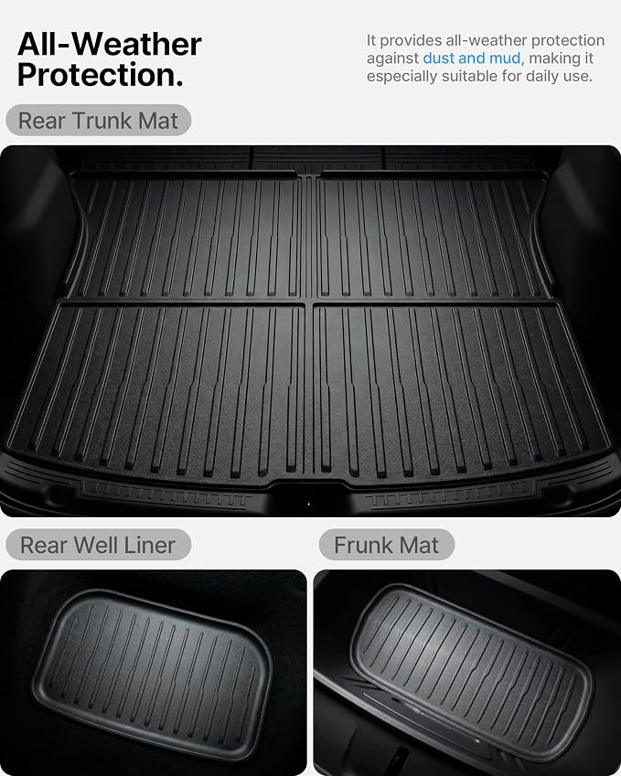 Cargo Liner for Tesla Model Y Juniper Trunk Mat Frunk Front & Rear Trunk Tray Mats All Weather Protector Anti-Slip TPE Accessories 2025 2026(3PCS)