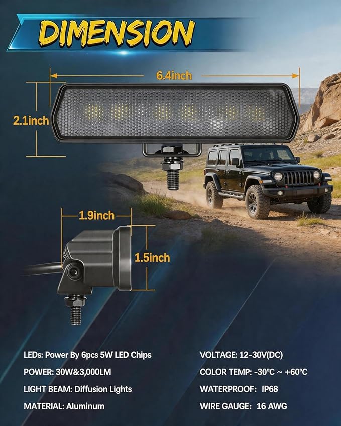 6 Inch LED Light Bar Single Row Slim 120W Flood Driving Lights 2PCS | 2PCS 12,000LM Diffusion Beam Off Road Pods with DT Wiring Harness Backup Bumper Fog Lights for Truck SUV ATV UTV Boat