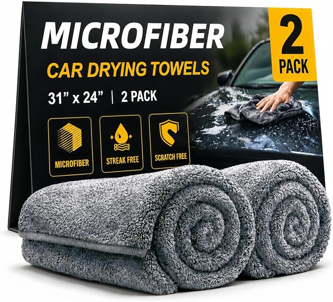 2 Pack Professional Large Microfiber Car Drying Towels (31" x 24"), Microfiber Towels for Cars, Scratch Free, Lint Free, Highly Absorbent Quick Drying Towel Cloth for Cars, Trucks Boats, Car Detailing