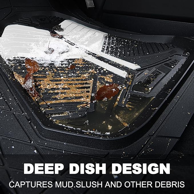 CAR PASS Heavy Duty Rubber Car Mats, Deep-Dish Car Floor Mats All Weather, Universal Two-Tone Trim-to-Fit for SUVs Trucks Sedans, Waterproof Anti-Slip, 3 Pieces V12 Black and White