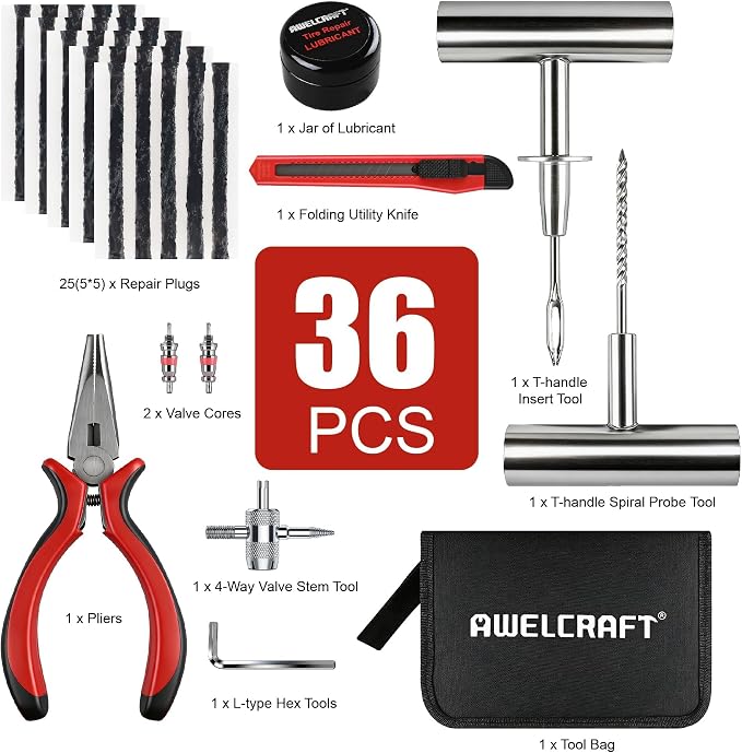 AWELCRAFT 36-Piece Tire Repair Kit – Heavy Duty Flat Tire Plug Kit with T-Handle Tools, 25 Rubber Plugs, 4-Way Valve Tool, Pliers, Folding Knife – Portable Tool Bag – Universal for Car