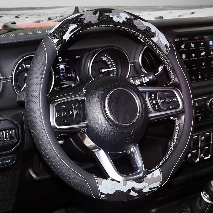 KAFEEK Army Camo Steering Wheel Cover, Universal 15 inch, Breathable PU Leather, Comfort Grip, Durable Steering Wheel Accessories for Car Truck SUV, Anti Slip, Black